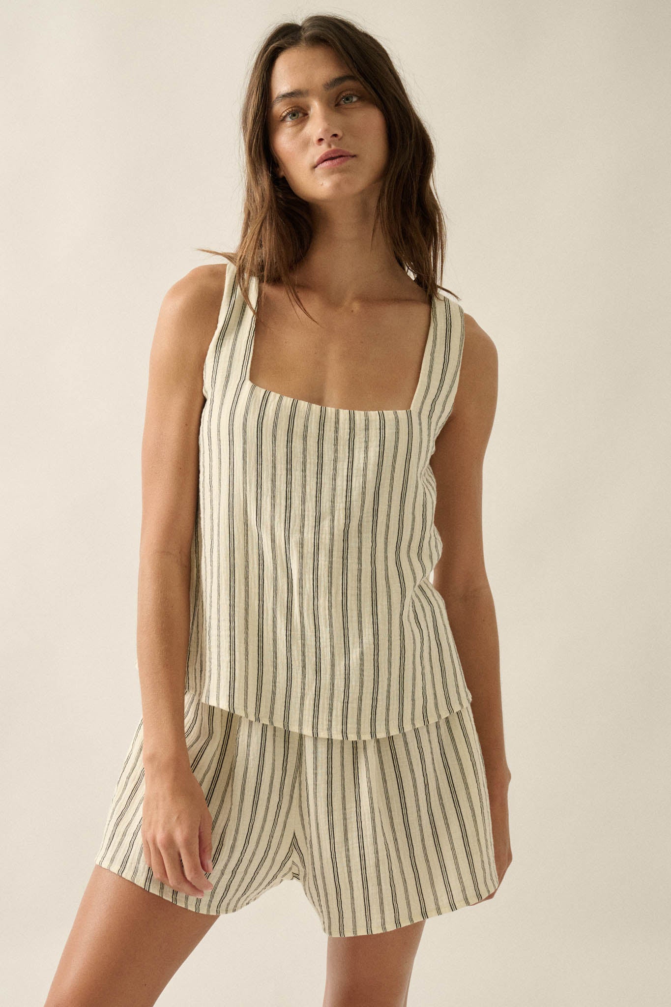 Tide Line Striped Cotton Sleeveless Layered Romper - ShopPromesa