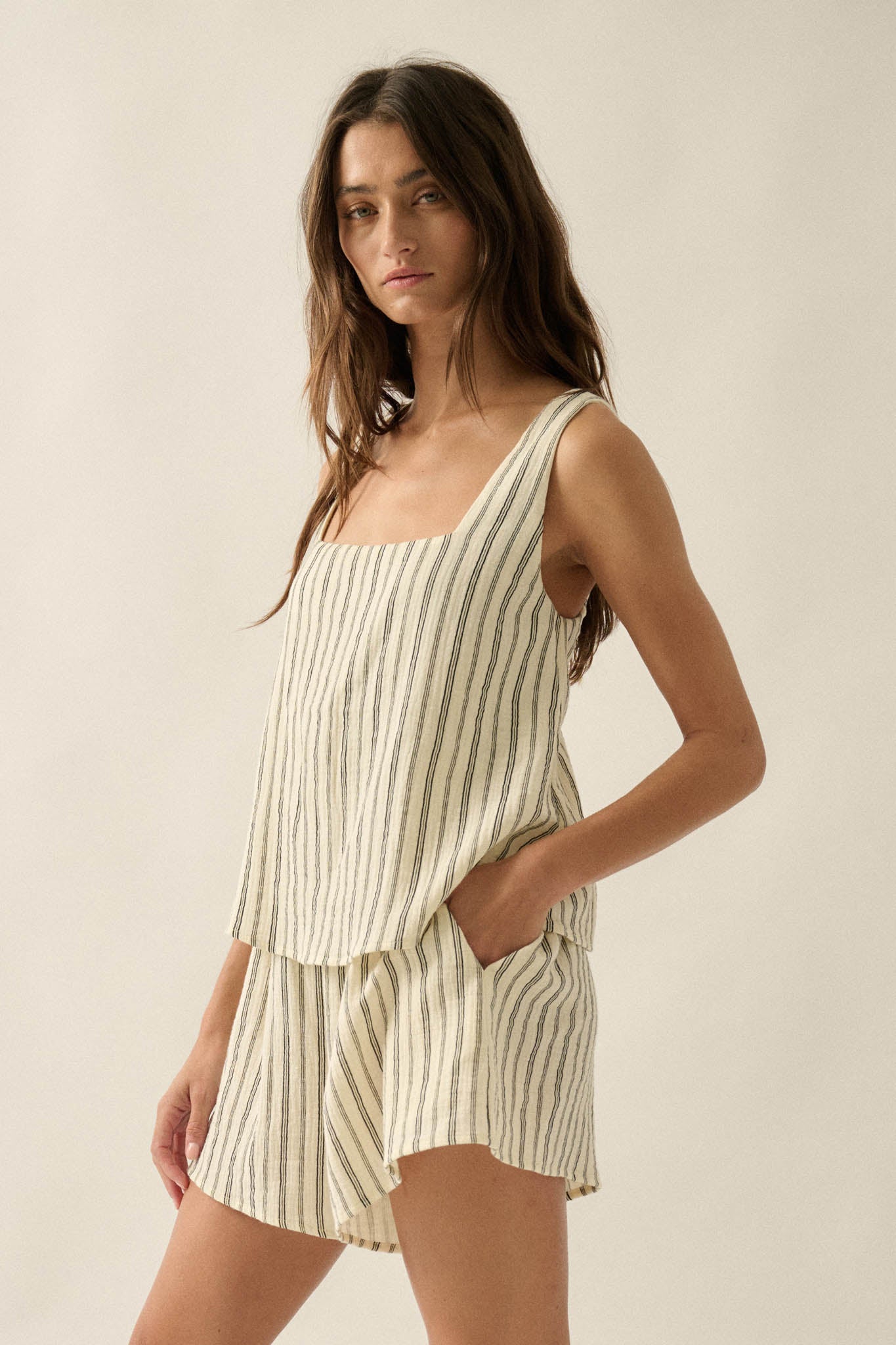 Tide Line Striped Cotton Sleeveless Layered Romper - ShopPromesa