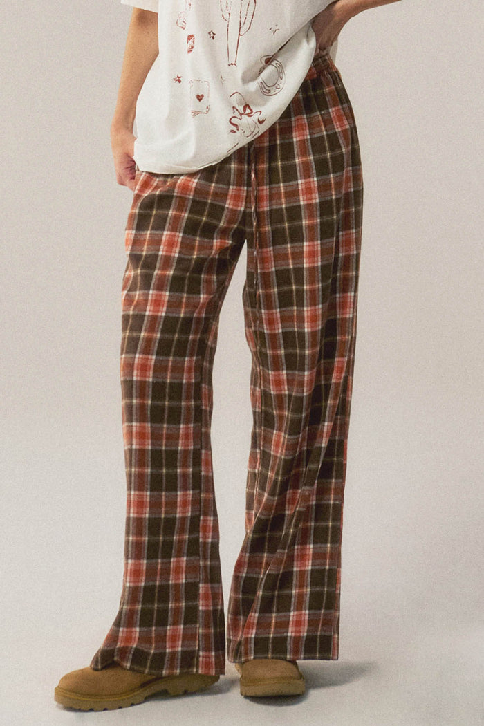 Cozy Cabin Plaid Wide-Leg Drawstring Pocket Pants - ShopPromesa
