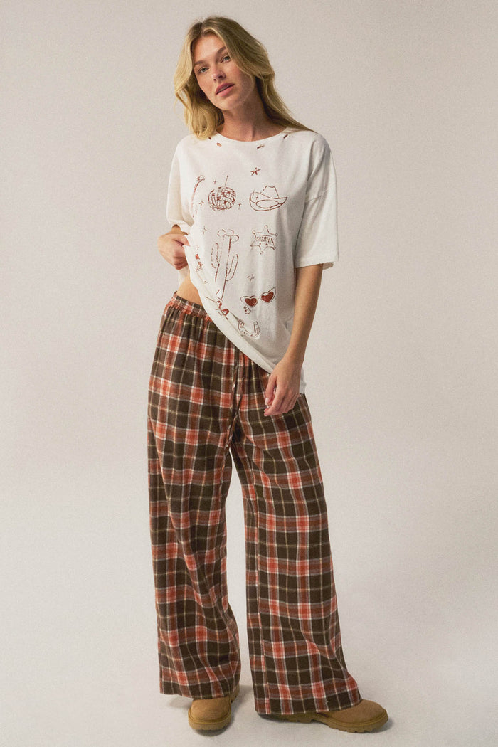 Cozy Cabin Plaid Wide-Leg Drawstring Pocket Pants - ShopPromesa