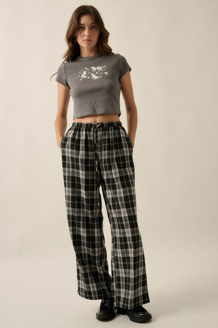 Cozy Cabin Plaid Wide-Leg Drawstring Pocket Pants - ShopPromesa