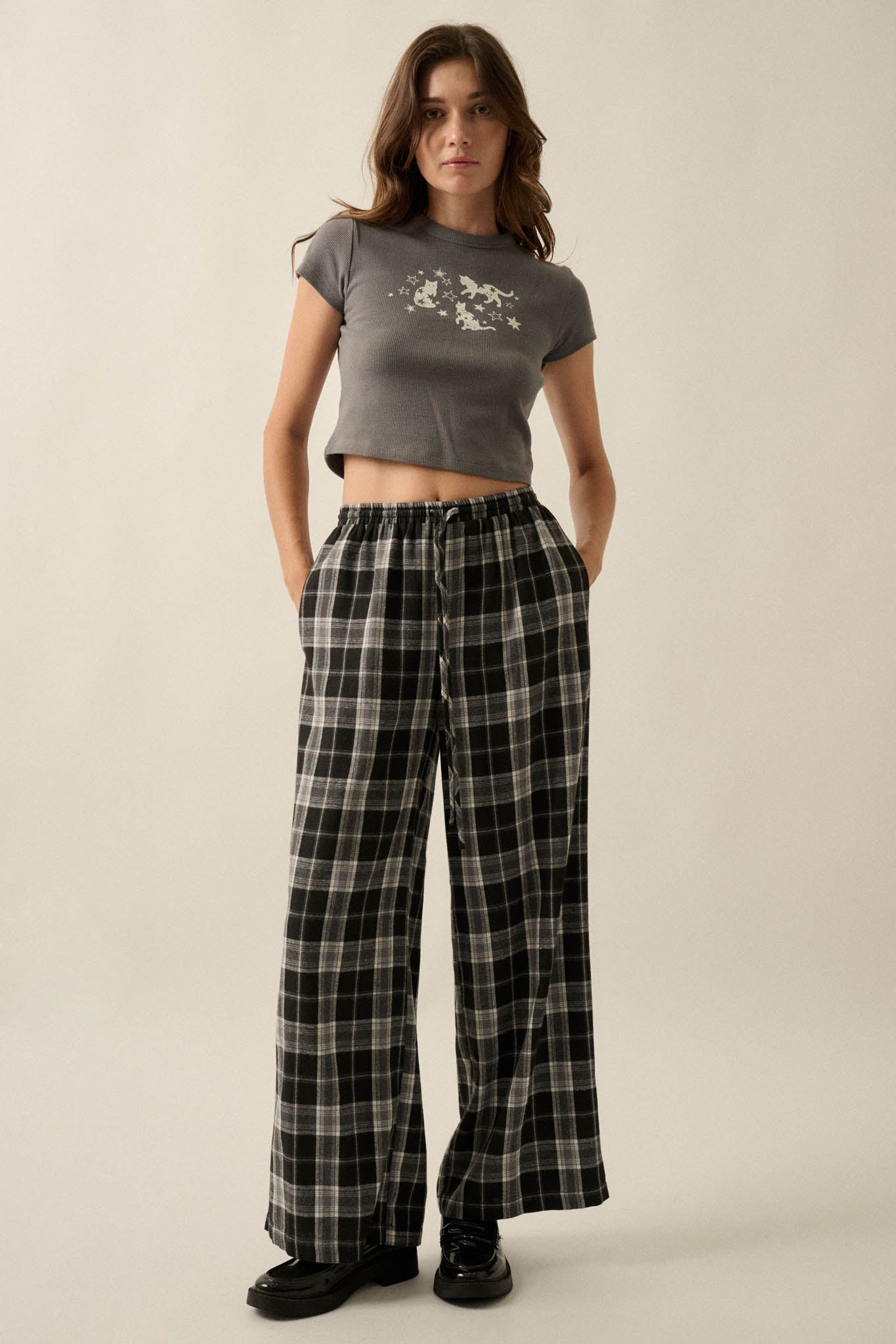 Cozy Cabin Plaid Wide-Leg Drawstring Pocket Pants - ShopPromesa
