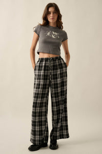 Cozy Cabin Plaid Wide-Leg Drawstring Pocket Pants - ShopPromesa
