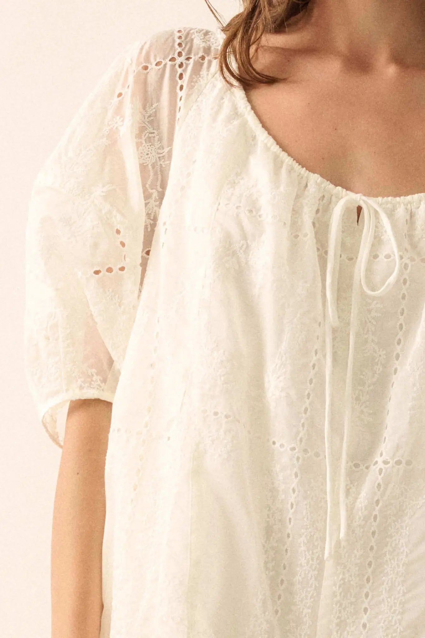 So Pure Eyelet Lace Puff-Sleeve Babydoll Romper - ShopPromesa