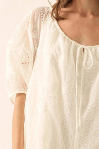 So Pure Eyelet Lace Puff-Sleeve Babydoll Romper - ShopPromesa