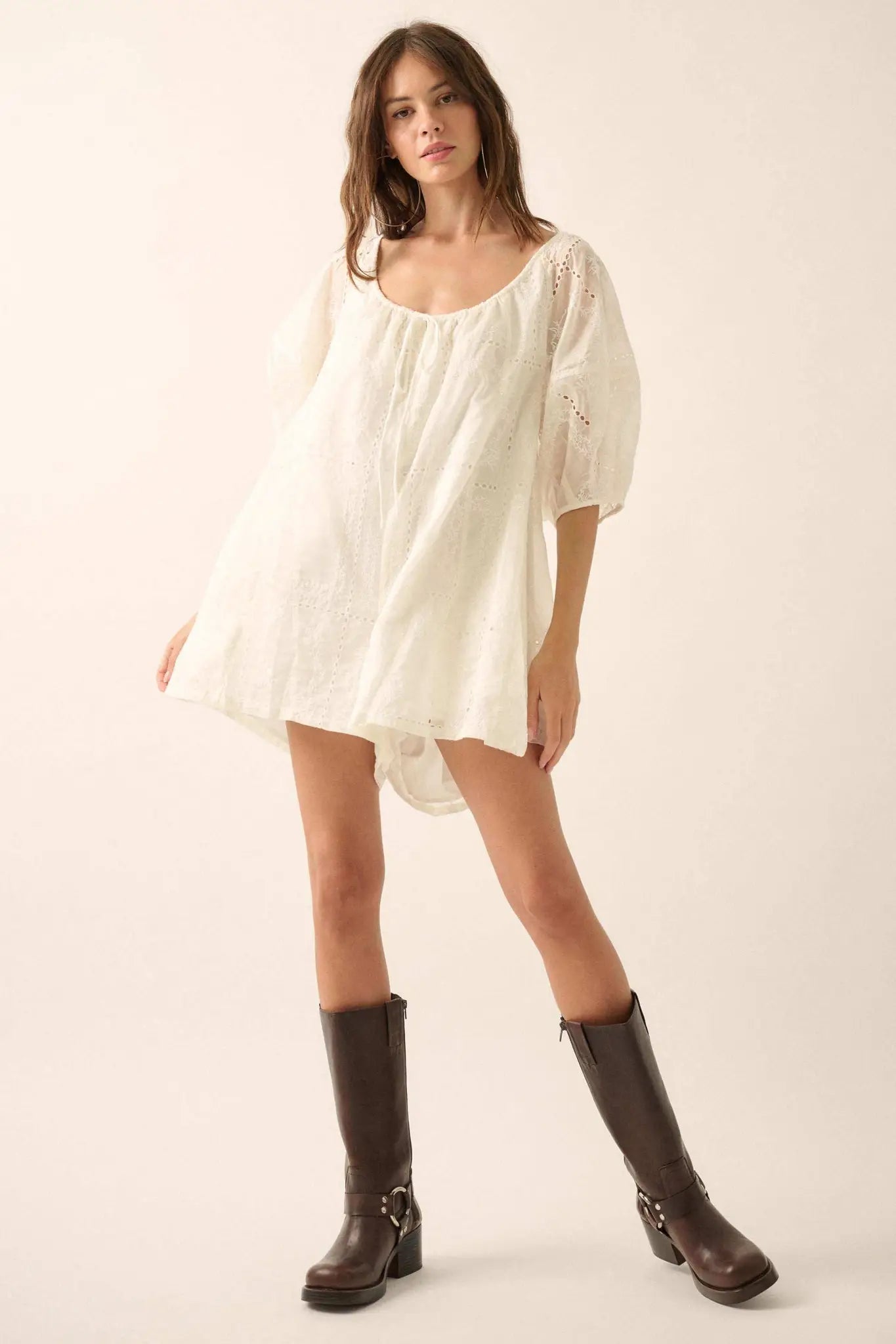 So Pure Eyelet Lace Puff-Sleeve Babydoll Romper - ShopPromesa