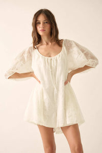 So Pure Eyelet Lace Puff-Sleeve Babydoll Romper - ShopPromesa