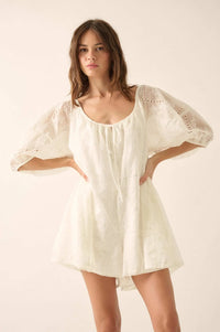 So Pure Eyelet Lace Puff-Sleeve Babydoll Romper - ShopPromesa