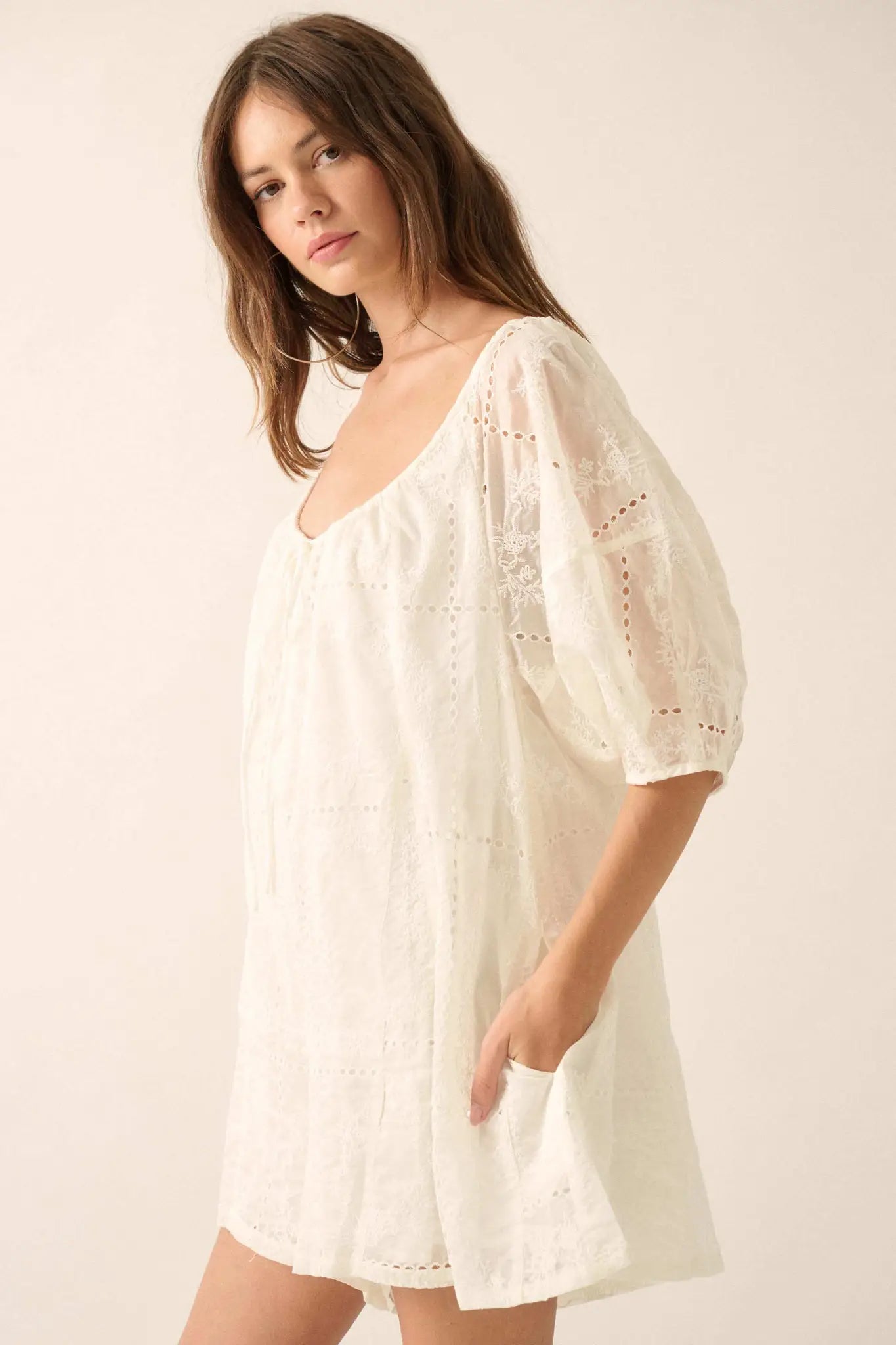 So Pure Eyelet Lace Puff-Sleeve Babydoll Romper - ShopPromesa
