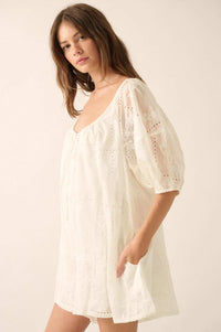 So Pure Eyelet Lace Puff-Sleeve Babydoll Romper - ShopPromesa
