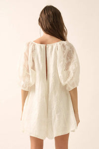 So Pure Eyelet Lace Puff-Sleeve Babydoll Romper - ShopPromesa