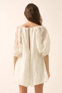 So Pure Eyelet Lace Puff-Sleeve Babydoll Romper - ShopPromesa