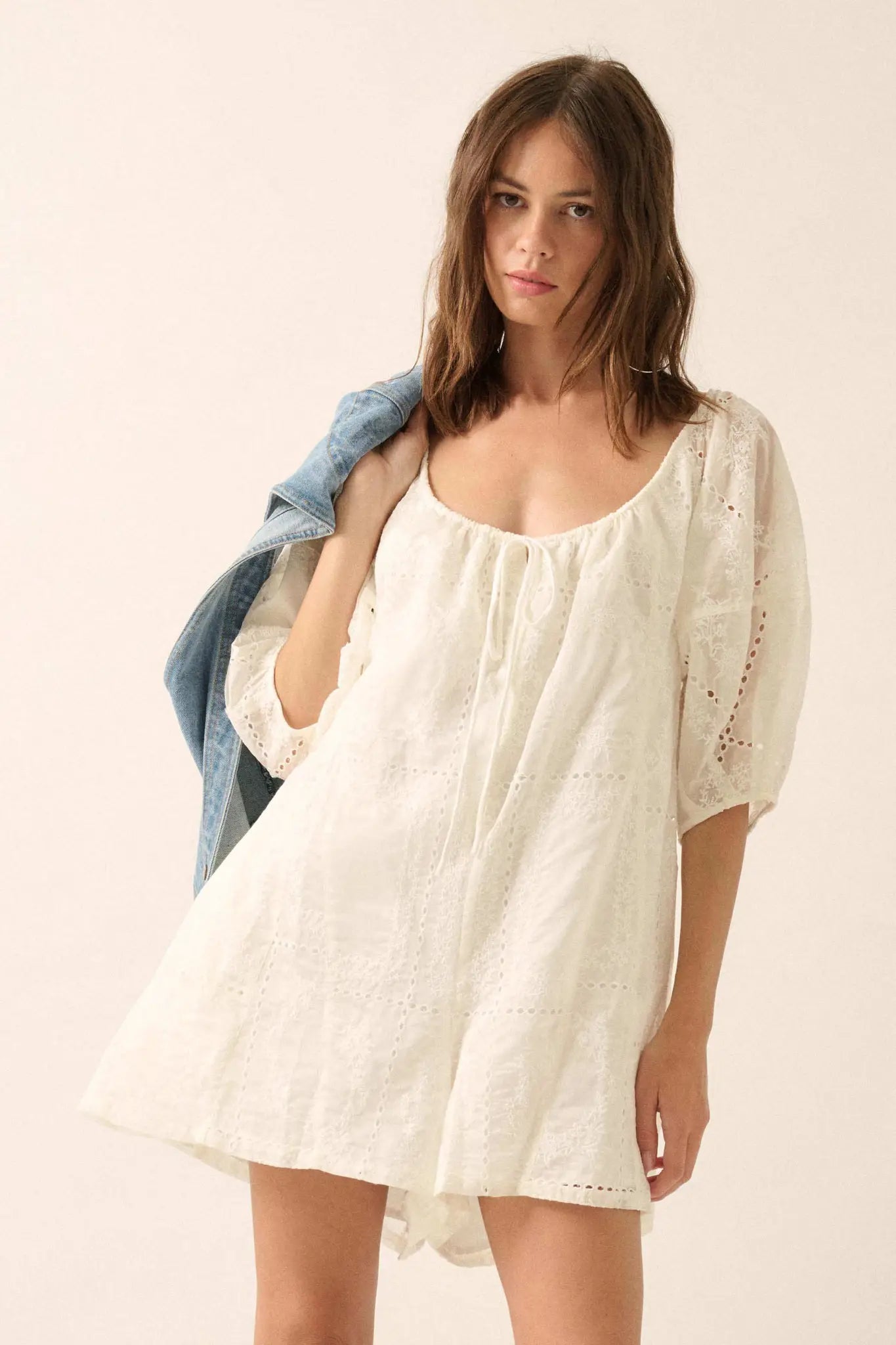 So Pure Eyelet Lace Puff-Sleeve Babydoll Romper - ShopPromesa