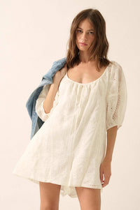 So Pure Eyelet Lace Puff-Sleeve Babydoll Romper - ShopPromesa