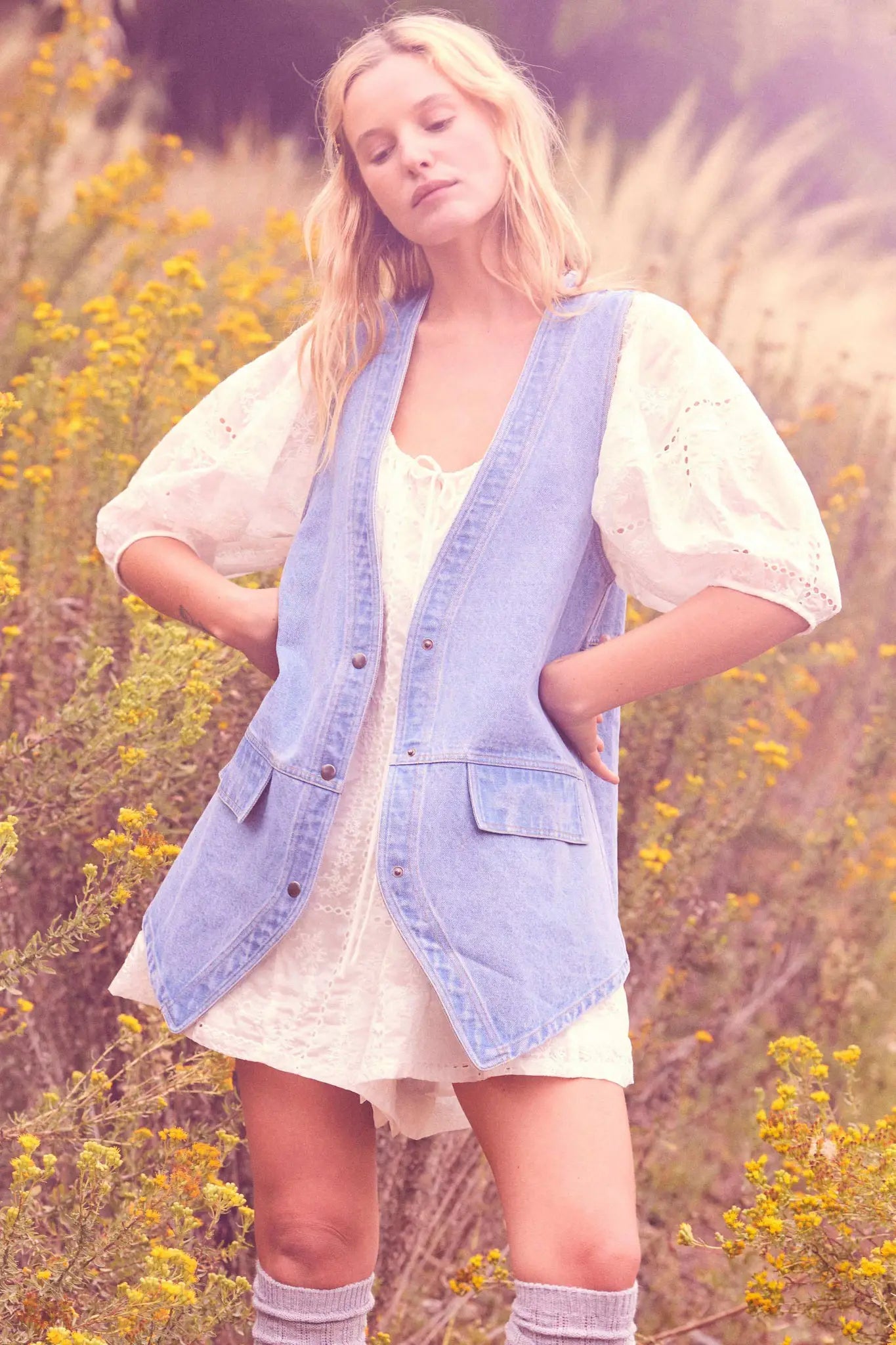 So Pure Eyelet Lace Puff-Sleeve Babydoll Romper