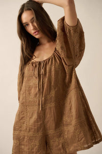 So Pure Eyelet Lace Puff-Sleeve Babydoll Romper - ShopPromesa