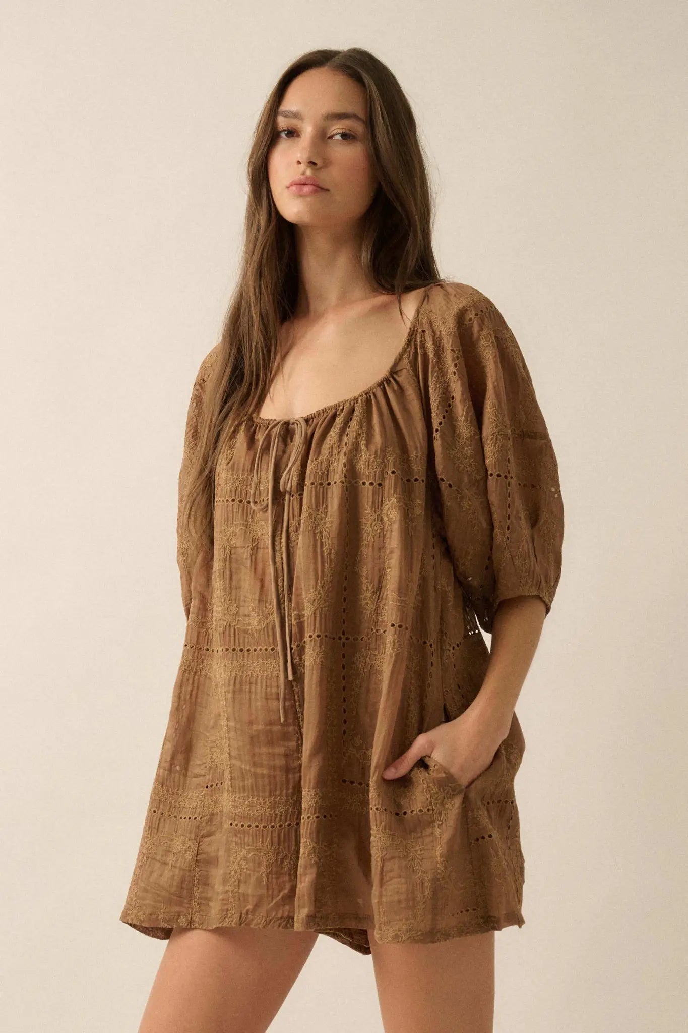 So Pure Eyelet Lace Puff-Sleeve Babydoll Romper - ShopPromesa