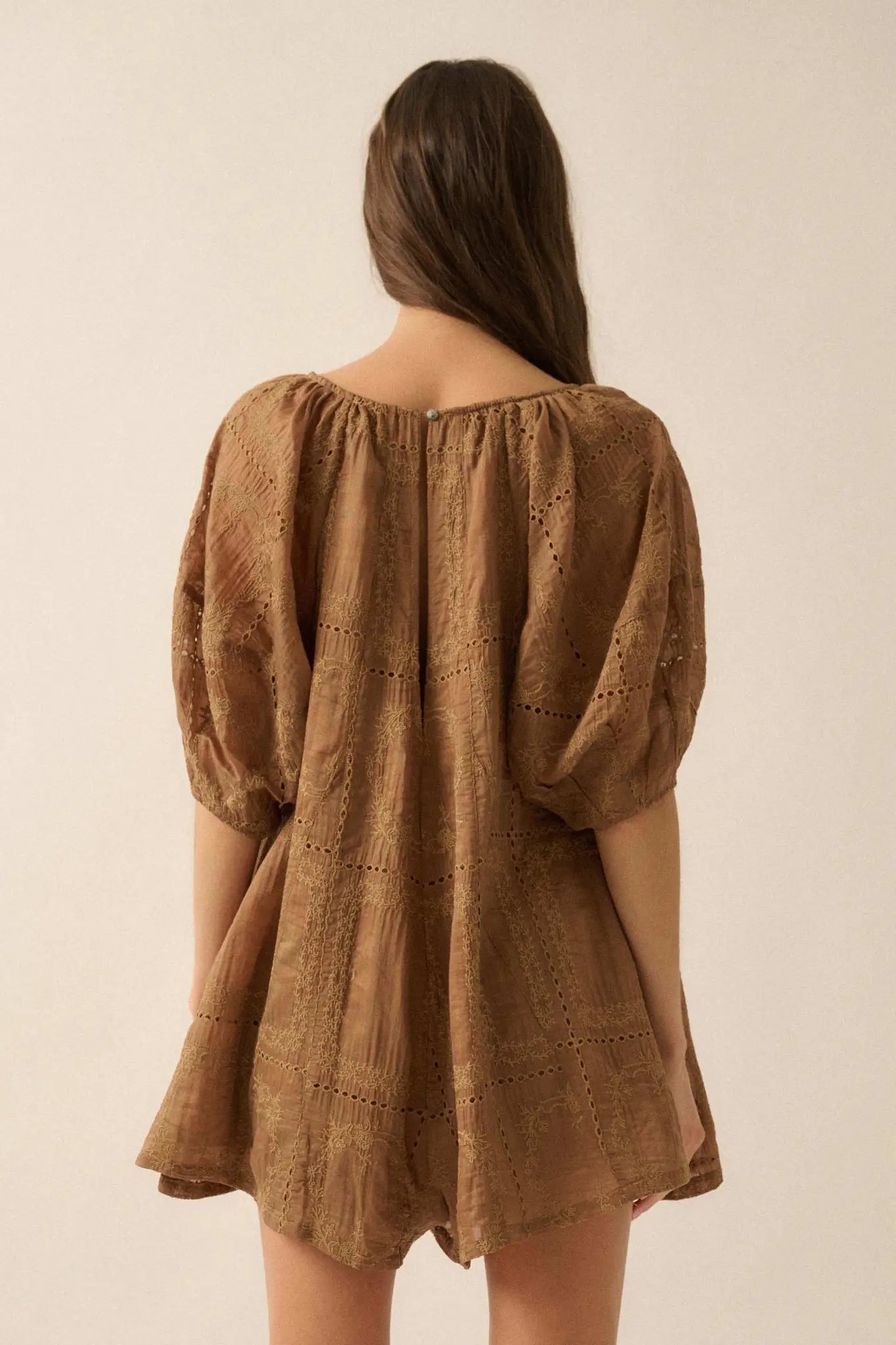 So Pure Eyelet Lace Puff-Sleeve Babydoll Romper - ShopPromesa