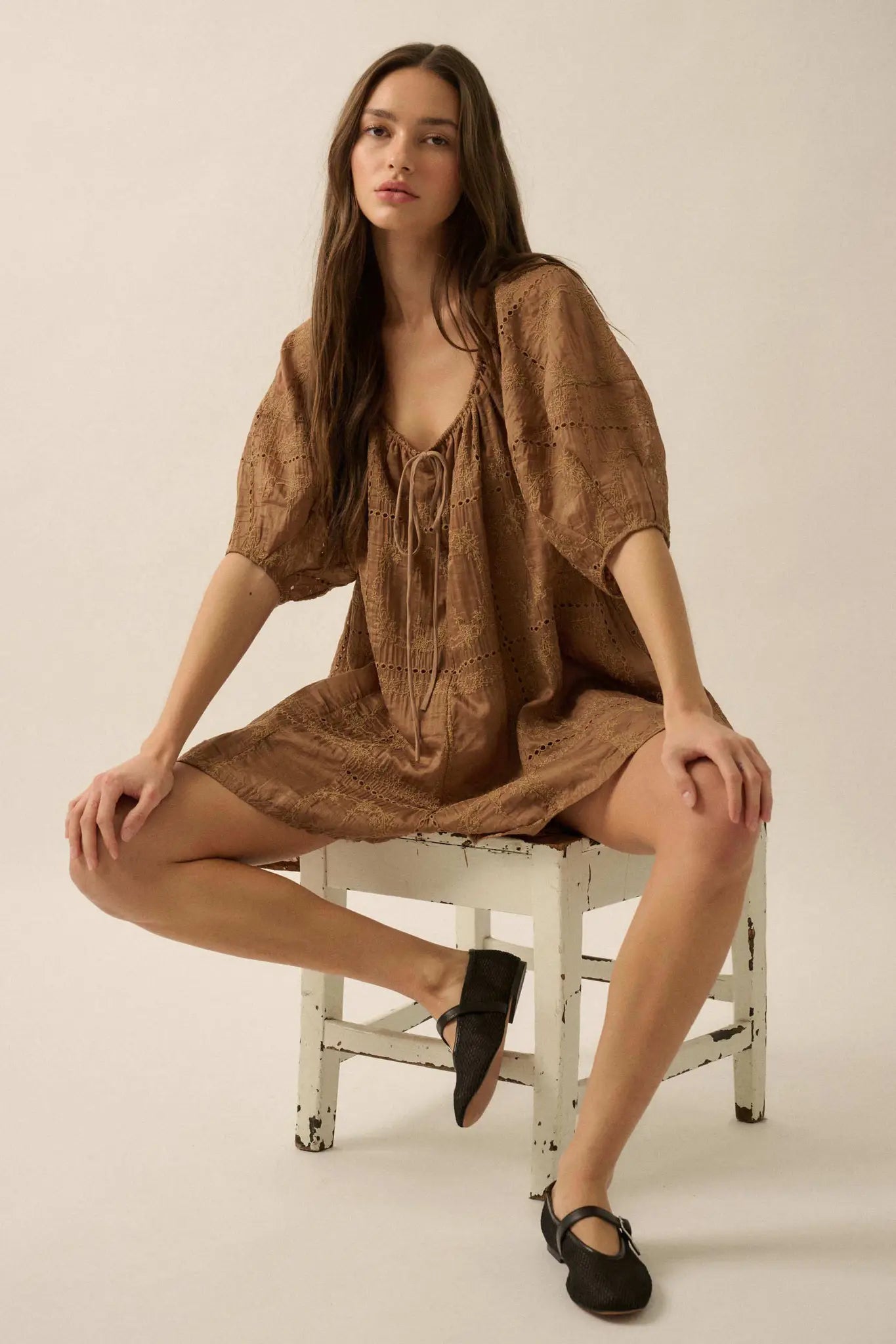 So Pure Eyelet Lace Puff-Sleeve Babydoll Romper - ShopPromesa