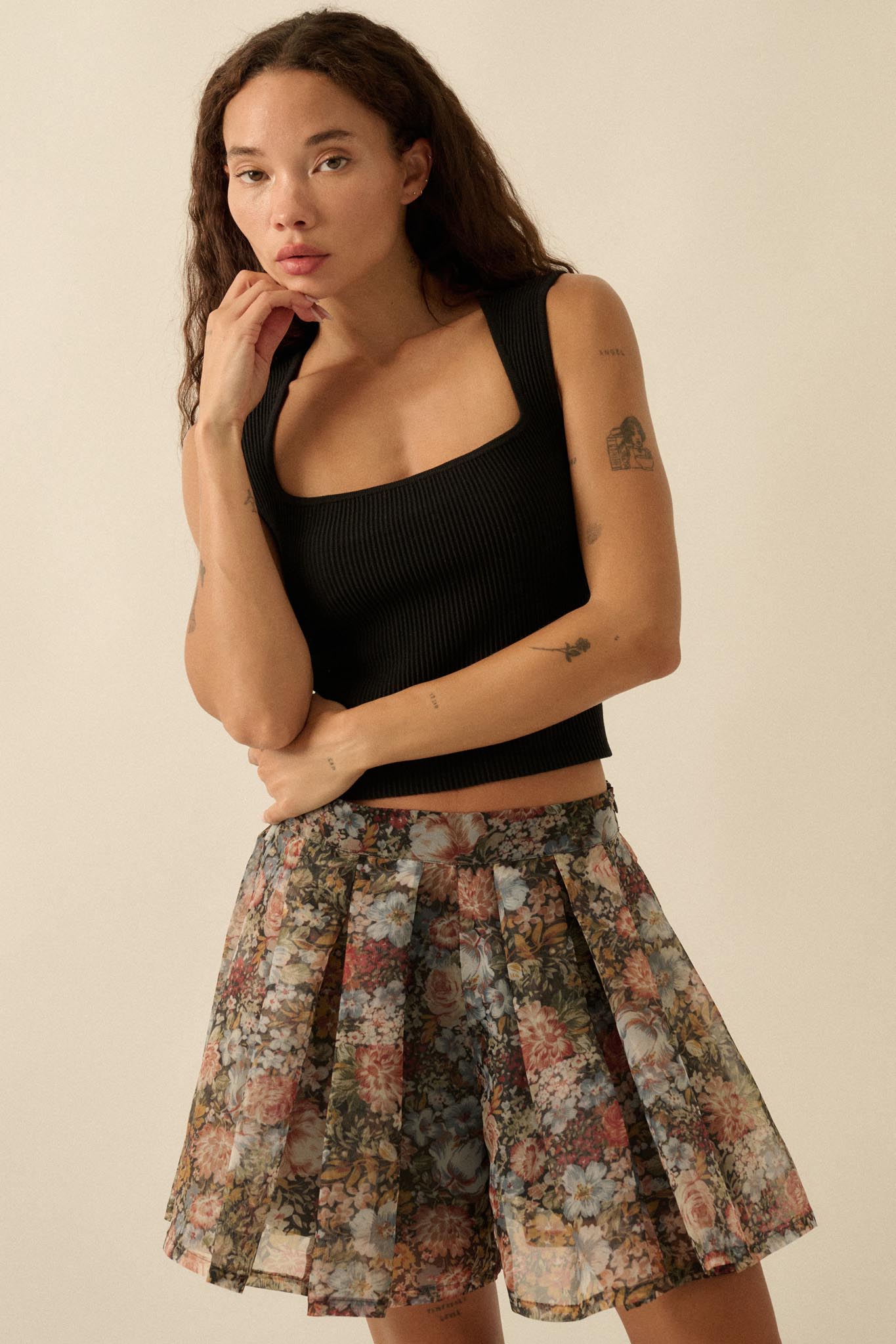 Blossoming Autumn Floral Organza Pleated Skort - ShopPromesa