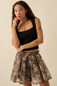 Blossoming Autumn Floral Organza Pleated Skort - ShopPromesa