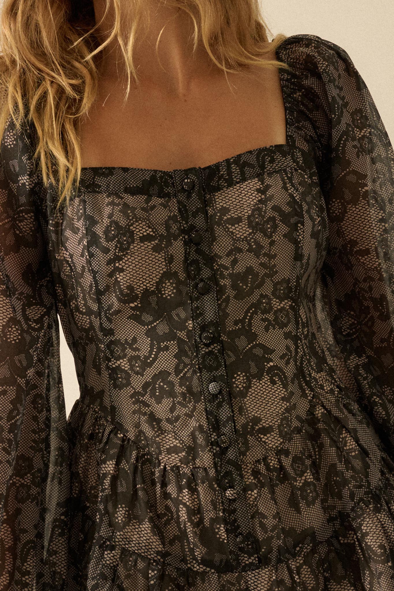 evening romper dress Enchanted Evening Lace-Print Organza Romper Dress Black / M