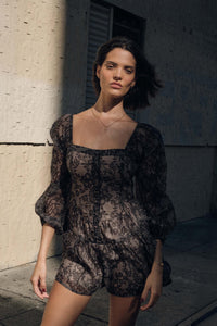 Enchanted Evening Lace-Print Organza Romper Dress - ShopPromesa