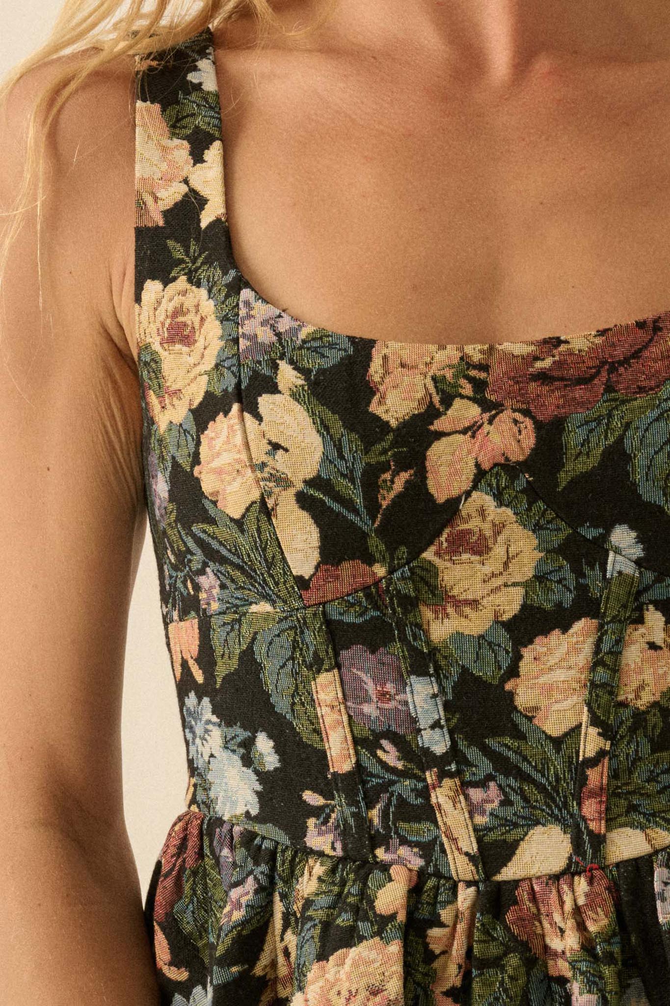 Weaving Blooms Floral Tapestry Corset Romper Dress - ShopPromesa