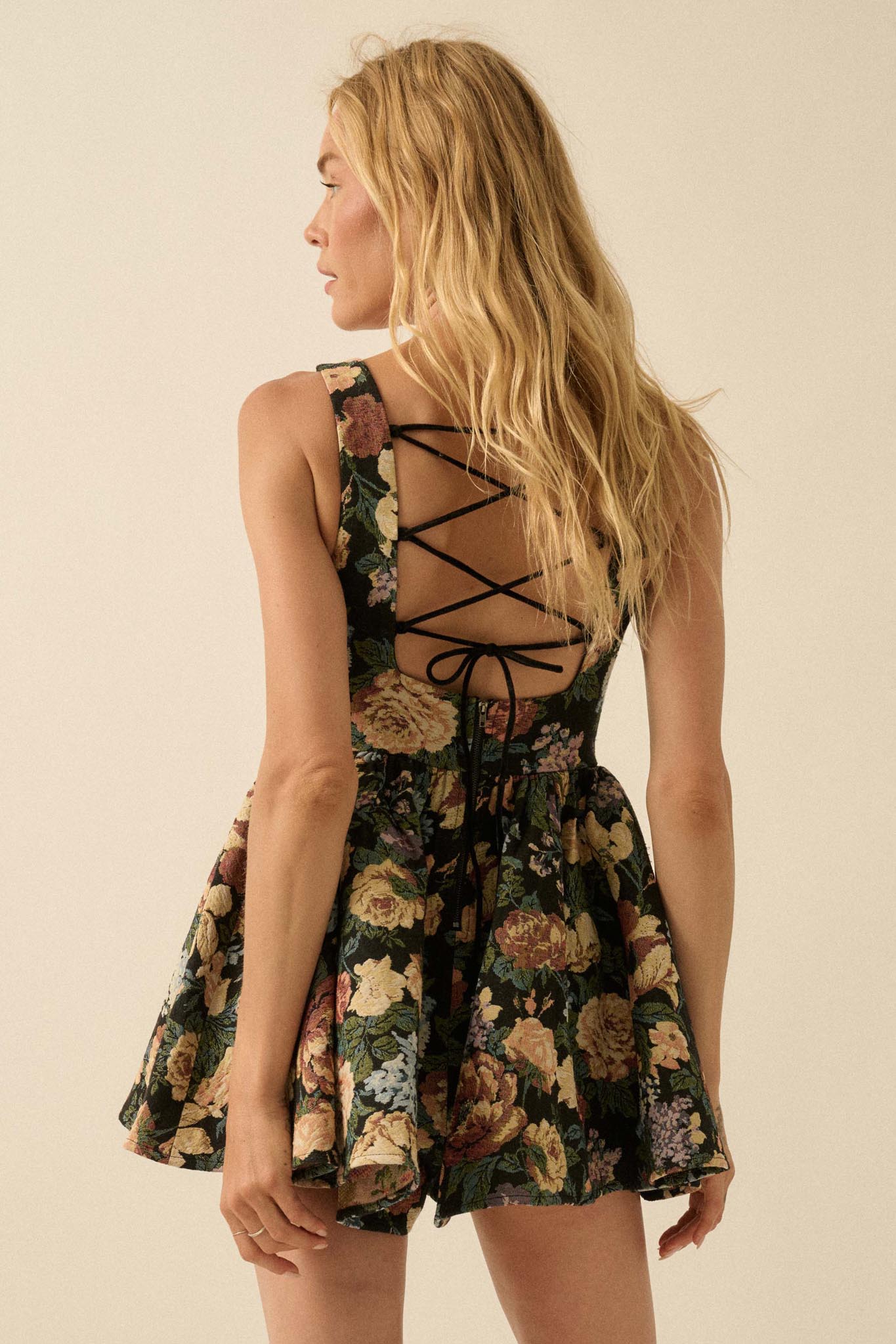 Weaving Blooms Floral Tapestry Corset Romper Dress - ShopPromesa