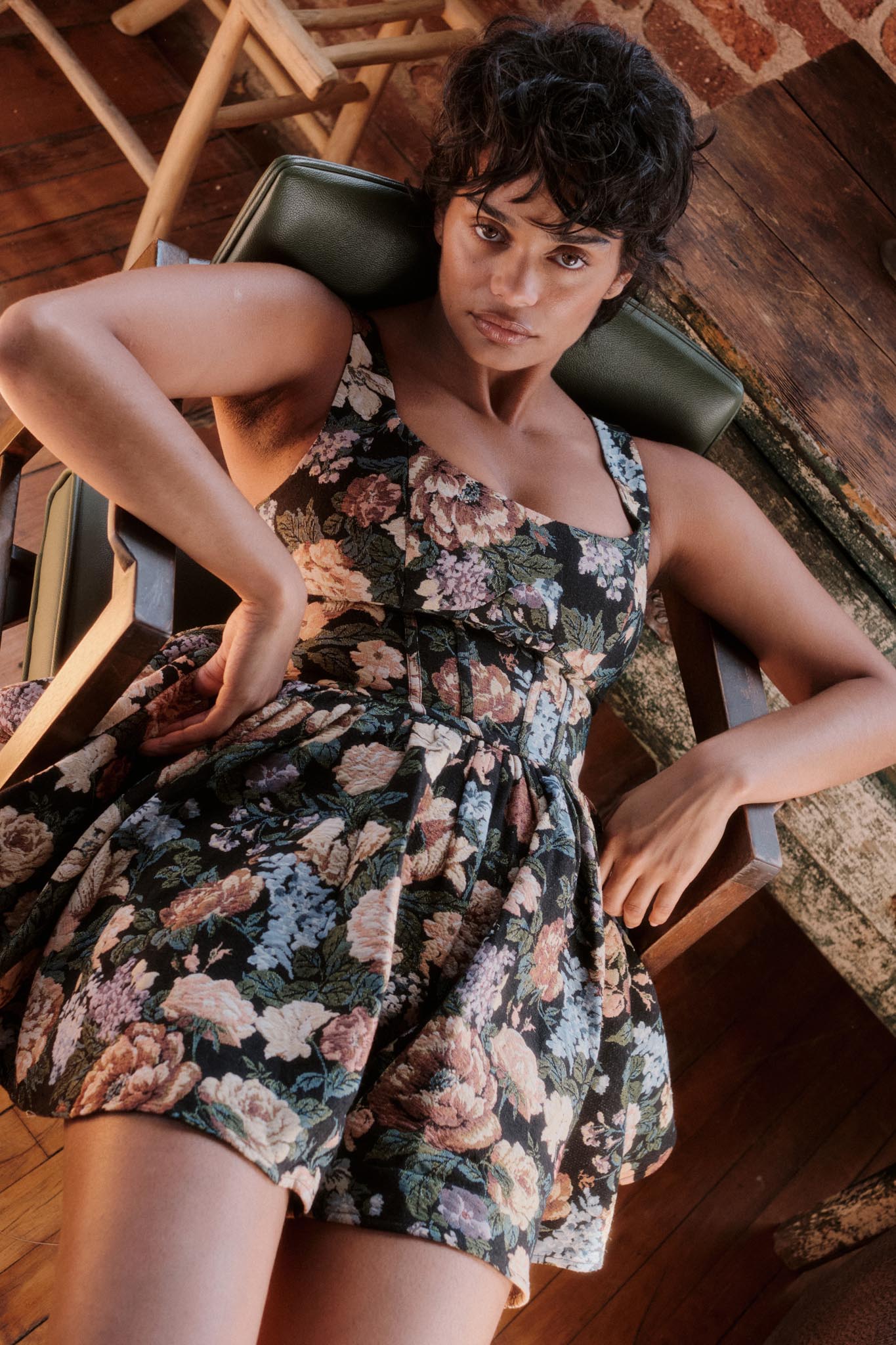 Weaving Blooms Floral Tapestry Corset Romper Dress, Black / L