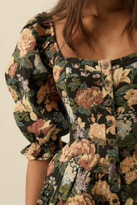 Woven Petals Floral Tapestry Puff-Sleeve Romper - ShopPromesa