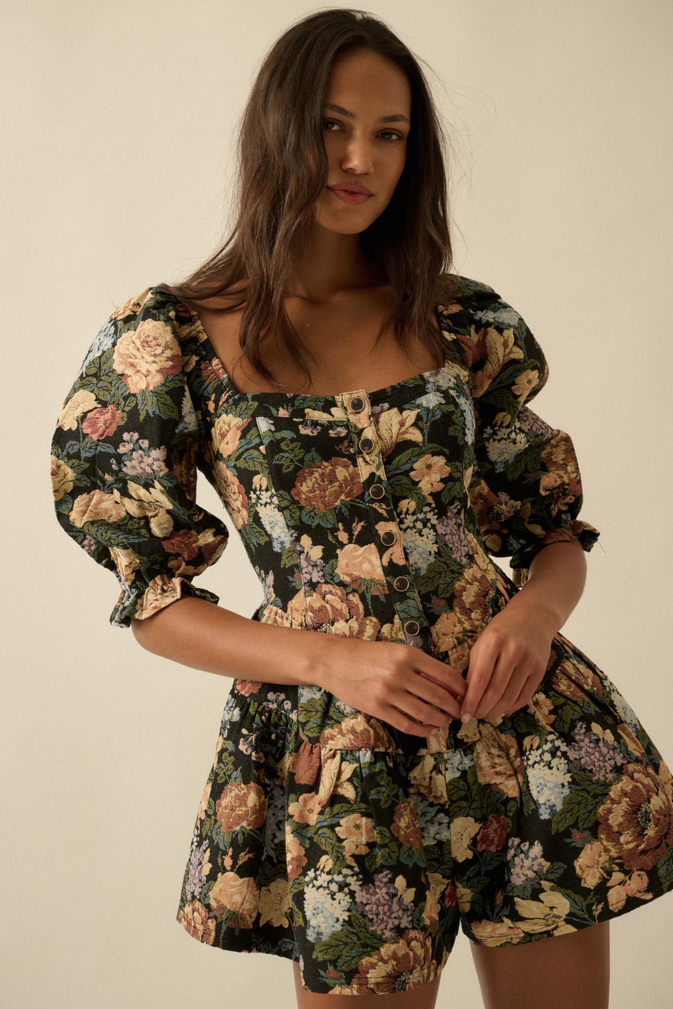 Woven Petals Floral Tapestry Puff-Sleeve Romper - ShopPromesa