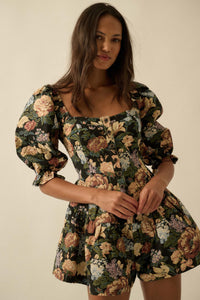 Woven Petals Floral Tapestry Puff-Sleeve Romper - ShopPromesa