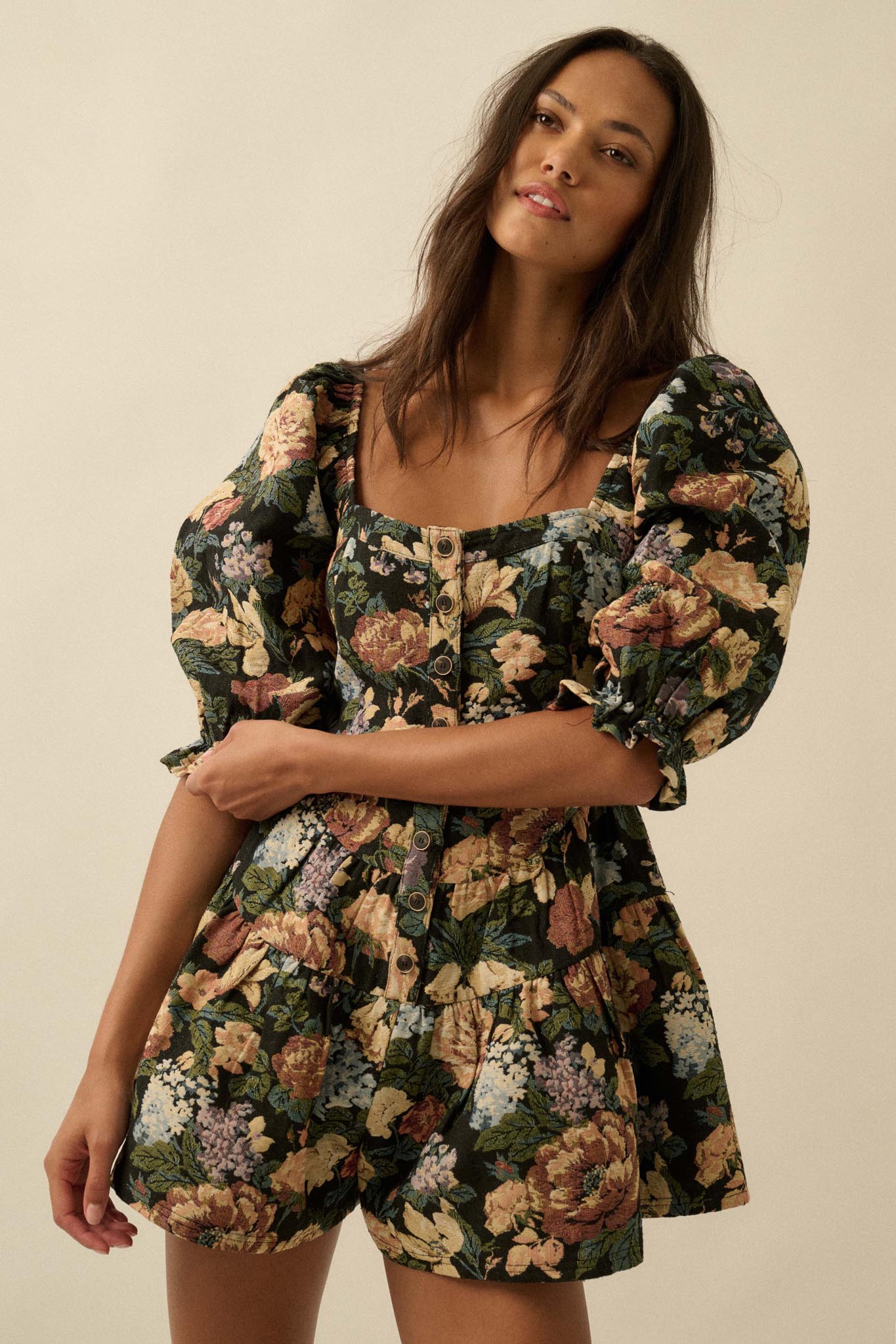 Woven Petals Floral Tapestry Puff-Sleeve Romper - ShopPromesa