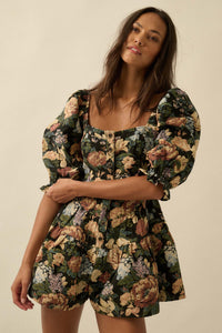 Woven Petals Floral Tapestry Puff-Sleeve Romper - ShopPromesa