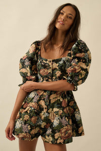 Woven Petals Floral Tapestry Puff-Sleeve Romper - ShopPromesa