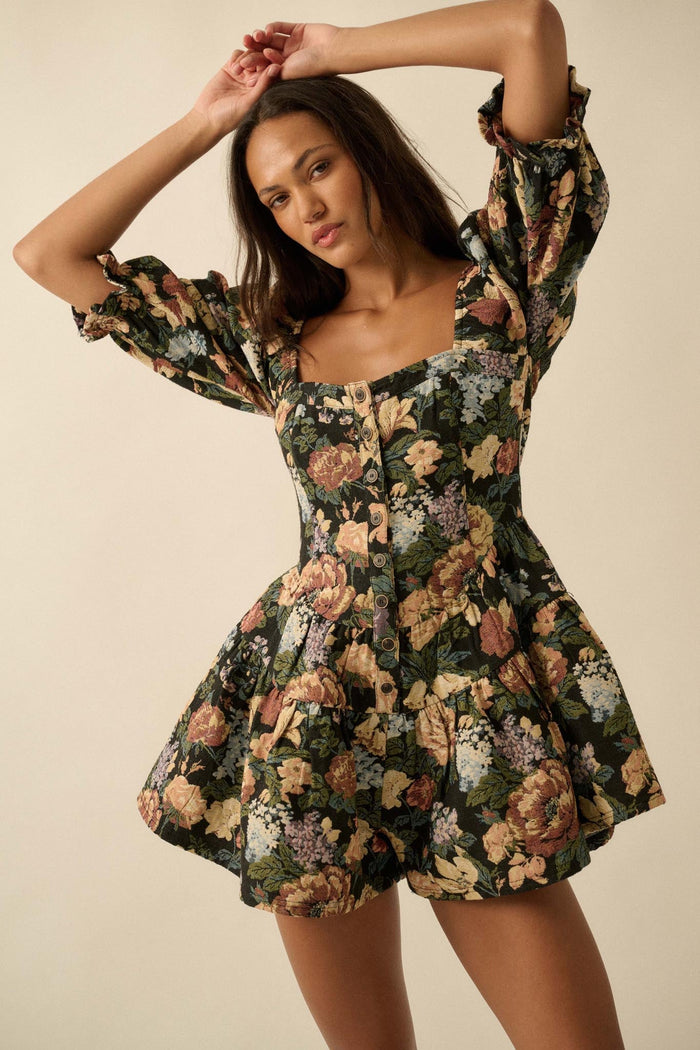 Woven Petals Floral Tapestry Puff-Sleeve Romper - ShopPromesa