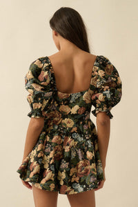 Woven Petals Floral Tapestry Puff-Sleeve Romper - ShopPromesa