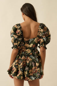 Woven Petals Floral Tapestry Puff-Sleeve Romper - ShopPromesa