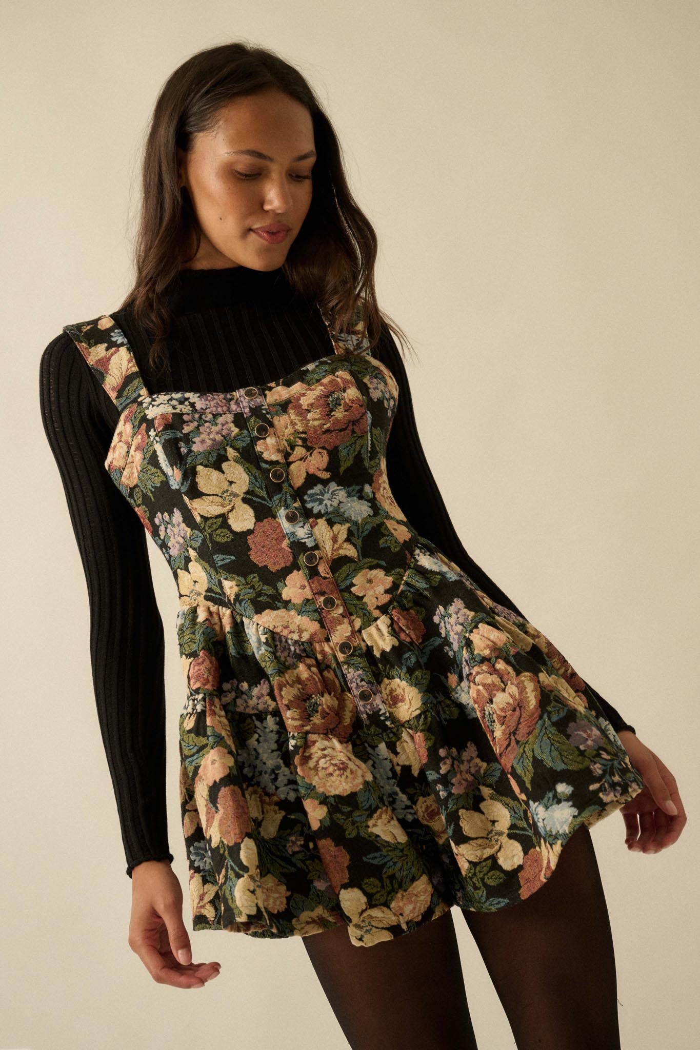 Stitched Garden Floral Tapestry Ruffle Romper Dress - ShopPromesa