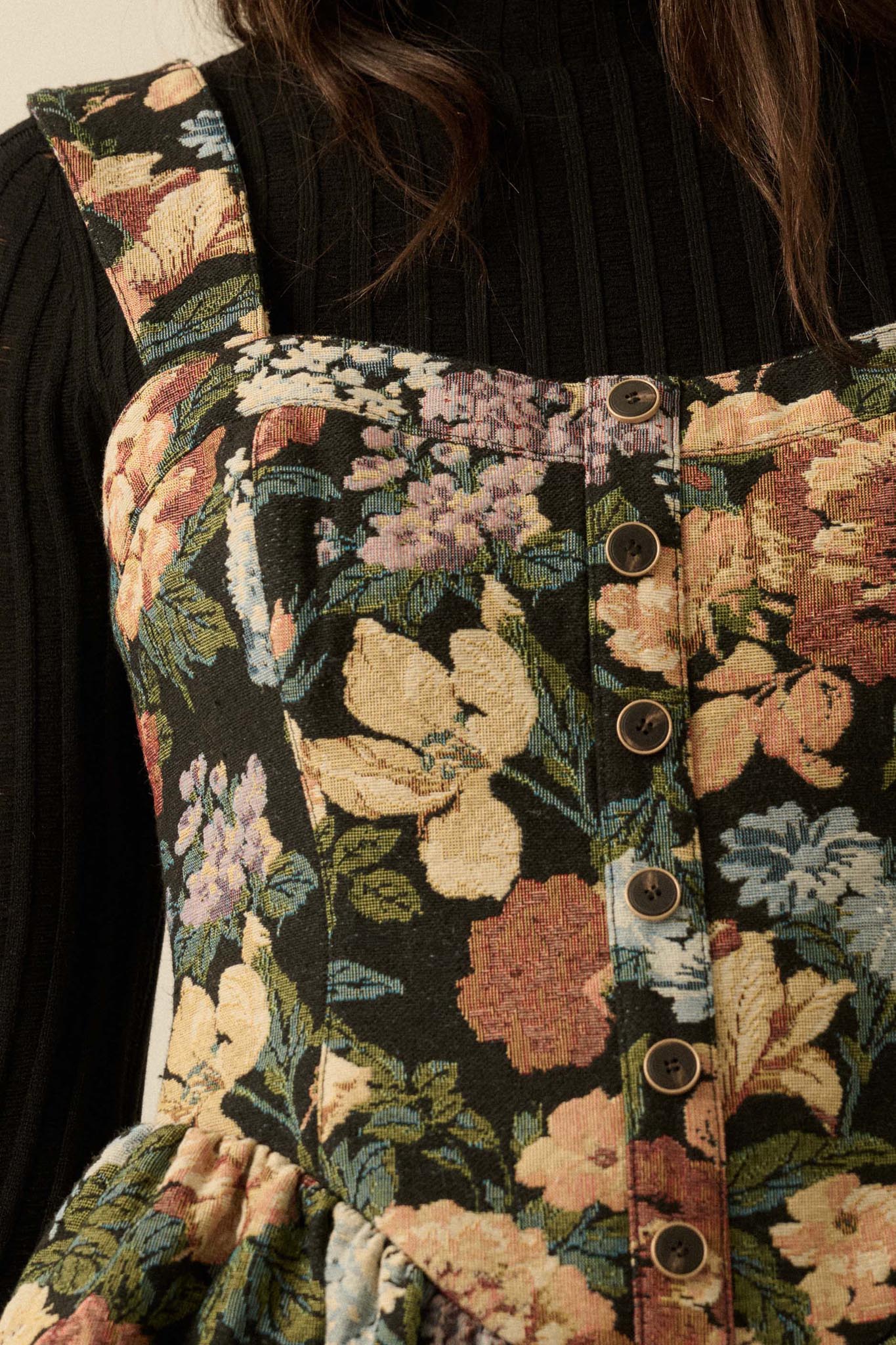 Stitched Garden Floral Tapestry Ruffle Romper Dress - ShopPromesa