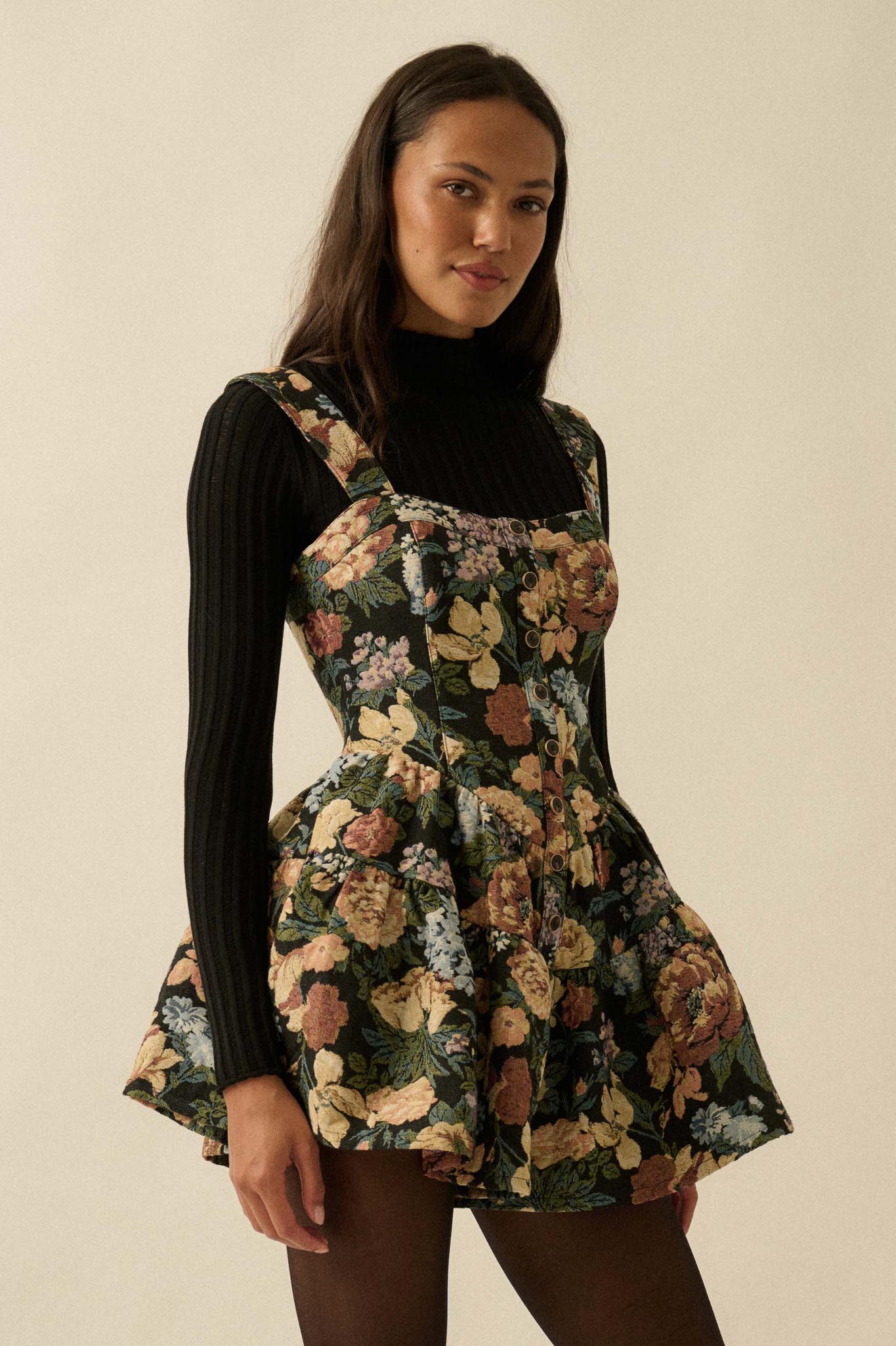 Stitched Garden Floral Tapestry Ruffle Romper Dress - ShopPromesa