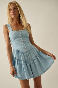 Sky High Denim Button-Front Tiered Ruffle Romper - ShopPromesa