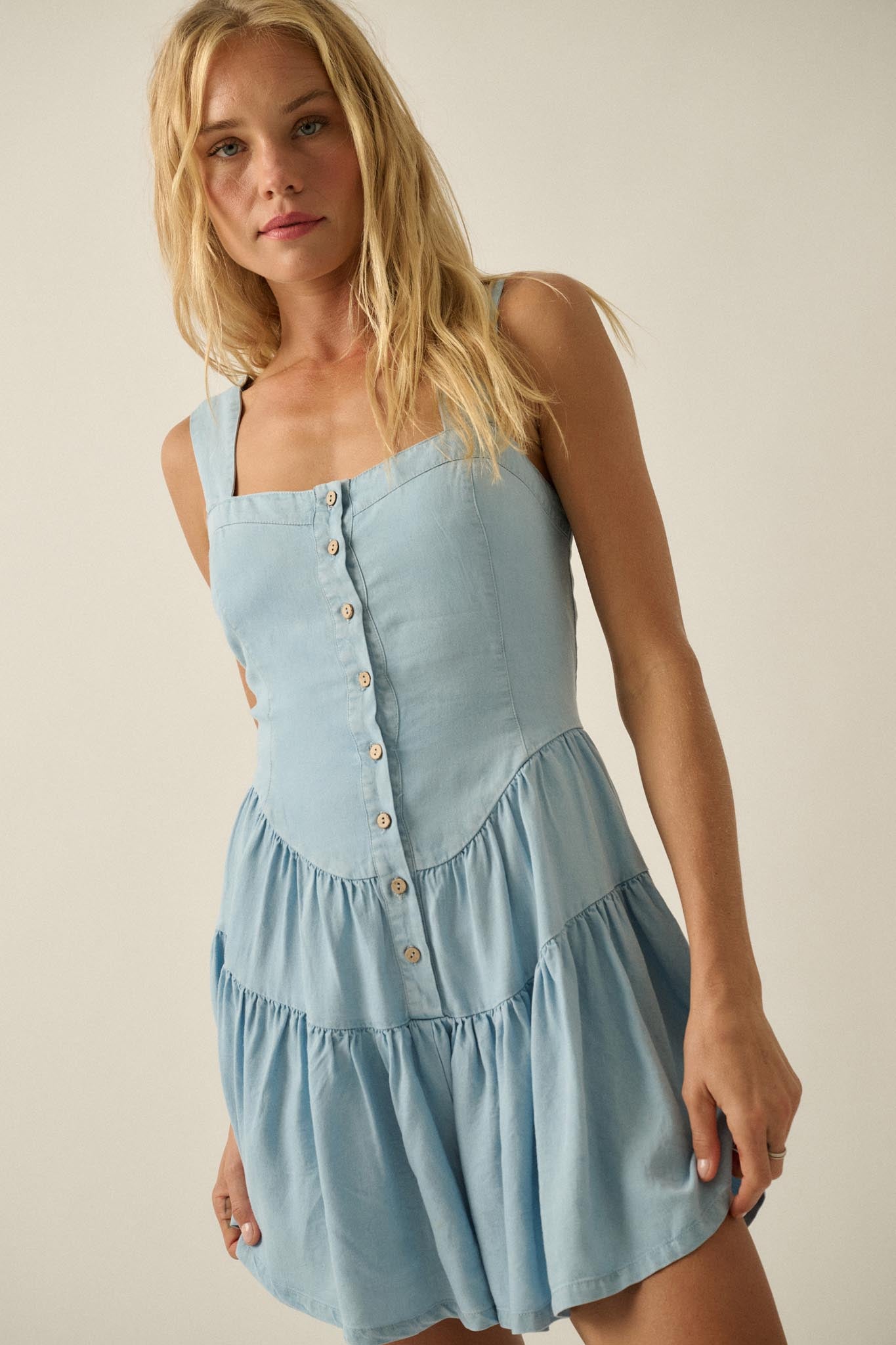 Sky High Denim Button-Front Tiered Ruffle Romper - ShopPromesa