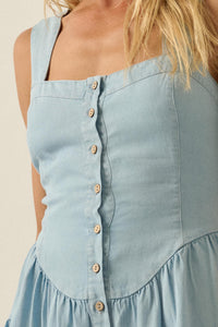 Sky High Denim Button-Front Tiered Ruffle Romper - ShopPromesa