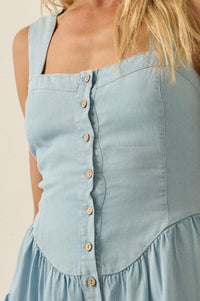 Sky High Denim Button-Front Tiered Ruffle Romper - ShopPromesa