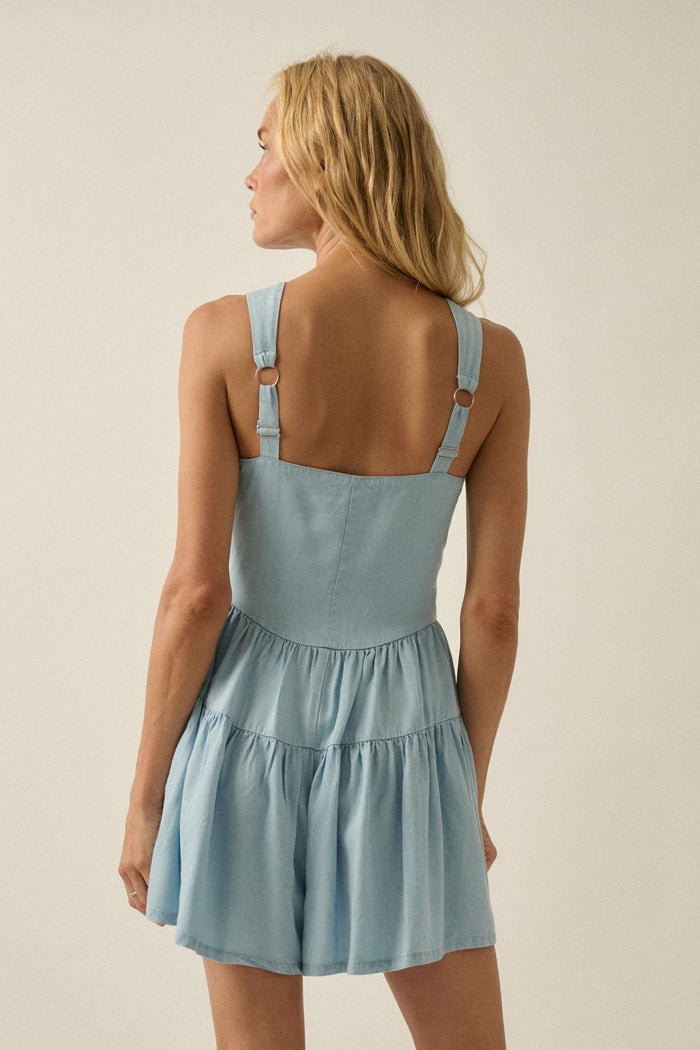 Sky High Denim Button-Front Tiered Ruffle Romper - ShopPromesa