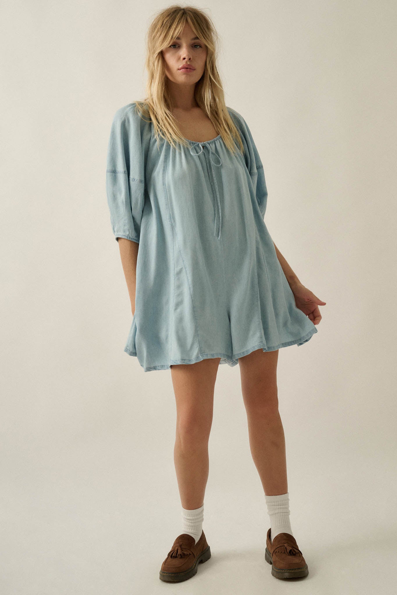 Beyond the Clouds Denim Puff-Sleeve Babydoll Romper - ShopPromesa
