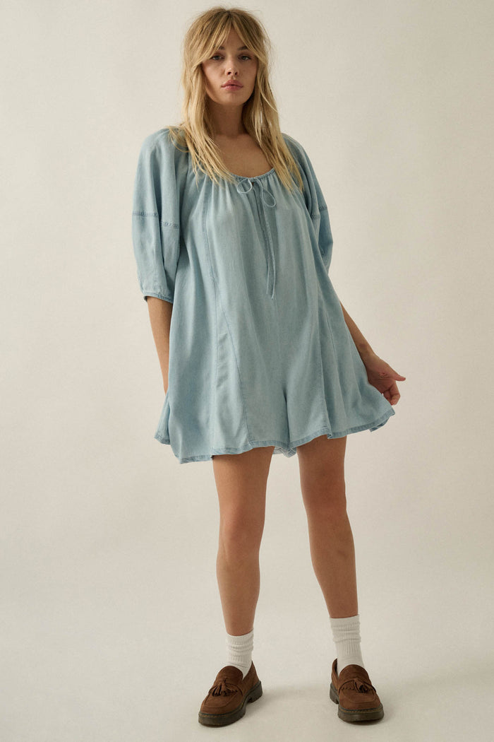 Beyond the Clouds Denim Puff-Sleeve Babydoll Romper - ShopPromesa