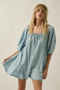 Beyond the Clouds Denim Puff-Sleeve Babydoll Romper - ShopPromesa